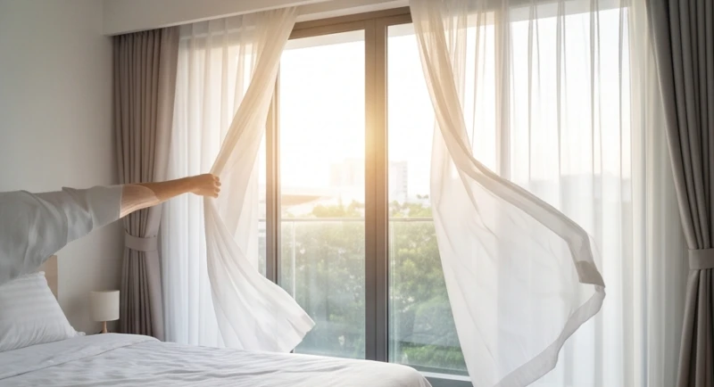Đôi bàn tay mở tung khung cửa sổ kính để đón ánh nắng sớm vào căn phòng ngủ