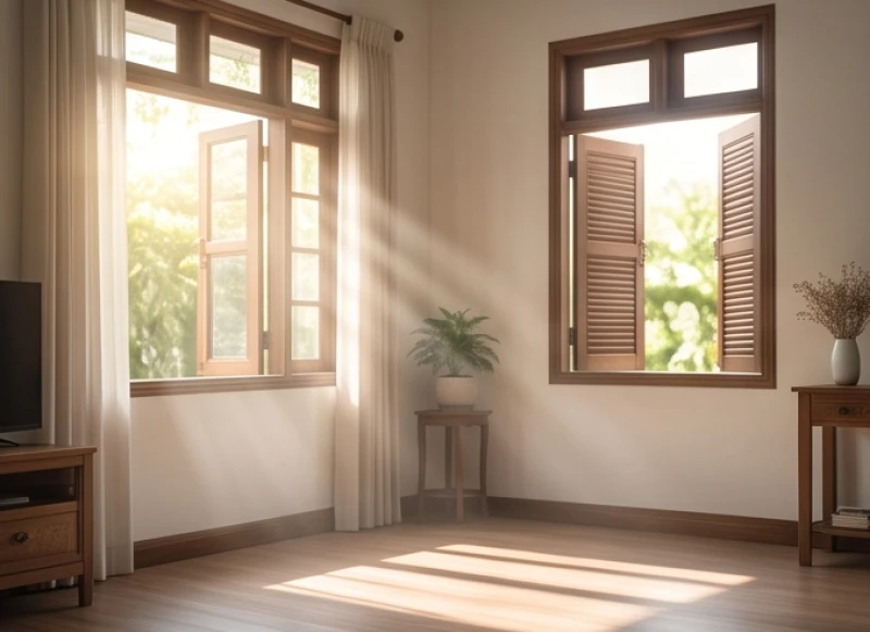 Cửa sổ phòng khách mở toang đón luồng ánh sáng mặt trời tự nhiên rực rỡ