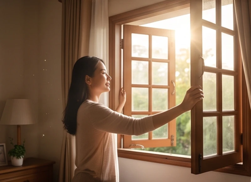 Người phụ nữ mở toang cánh cửa sổ bằng gỗ đón luồng ánh sáng ban mai dịu nhẹ vào căn phòng