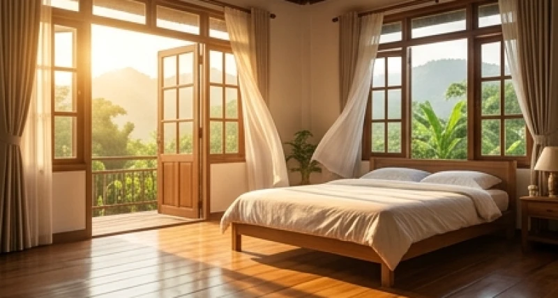 Không gian phòng ngủ bừng sáng rực rỡ khi cánh cửa sổ được mở tung đón ánh nắng tự nhiên