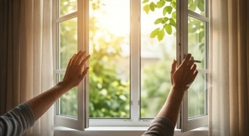 Bàn tay mở tung cánh cửa sổ phòng ngủ để ánh nắng ban mai tràn vào thanh tẩy không khí