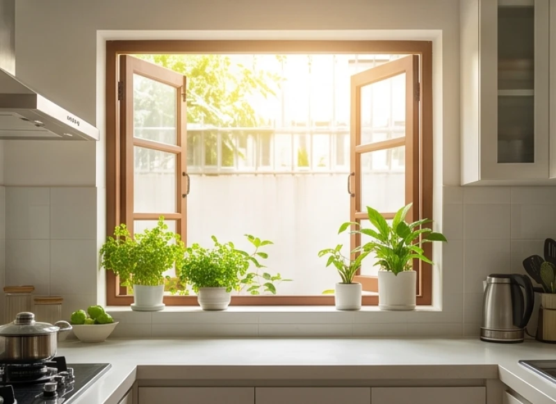 Khung cửa sổ nhà bếp mở rộng đón luồng ánh sáng ấm áp và đẩy lùi mùi khét tà khí ra ngoài