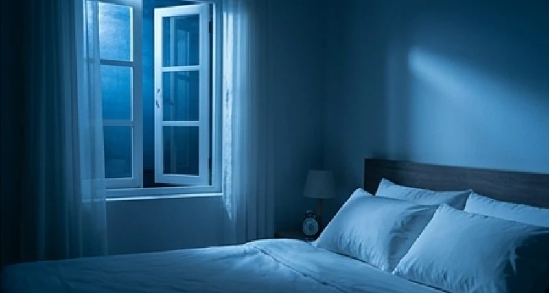 Không gian phòng ngủ thông thoáng với cửa sổ mở hé đón ánh trăng giúp xua tan cảm giác ngột ngạt