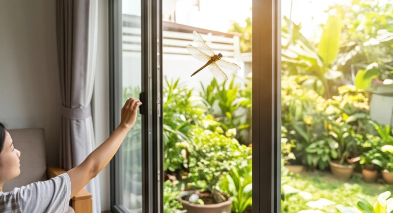 Một bàn tay nhẹ nhàng mở rộng cánh cửa sổ bằng kính để tạo lối thoát cho chuồn chuồn bay ra ngoài trời nắng đẹp.