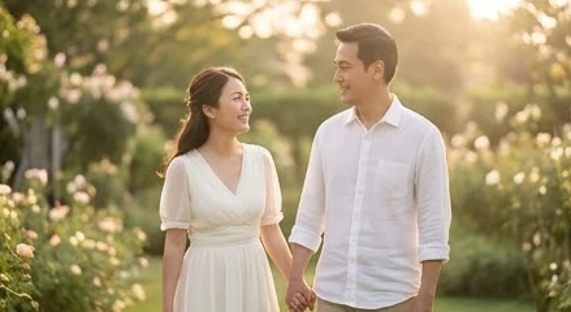 Hai vợ chồng nắm tay nhau tươi cười hạnh phúc tượng trưng cho sự gắn kết và đổi mới bền chặt