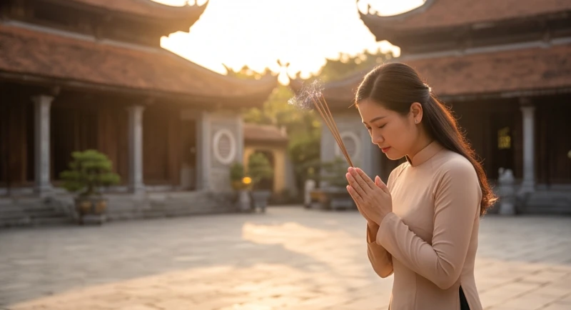 Người phụ nữ cầm nén hương thành kính đứng lạy trước khoảng sân rộng lớn của một ngôi chùa cổ kính