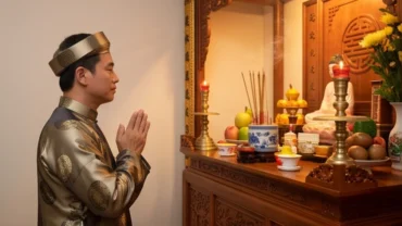 Người đàn ông mặc áo lụa chắp tay thành kính trước ban thờ gia tiên nghĩ xem mở đầu bài văn khấn như thế nào