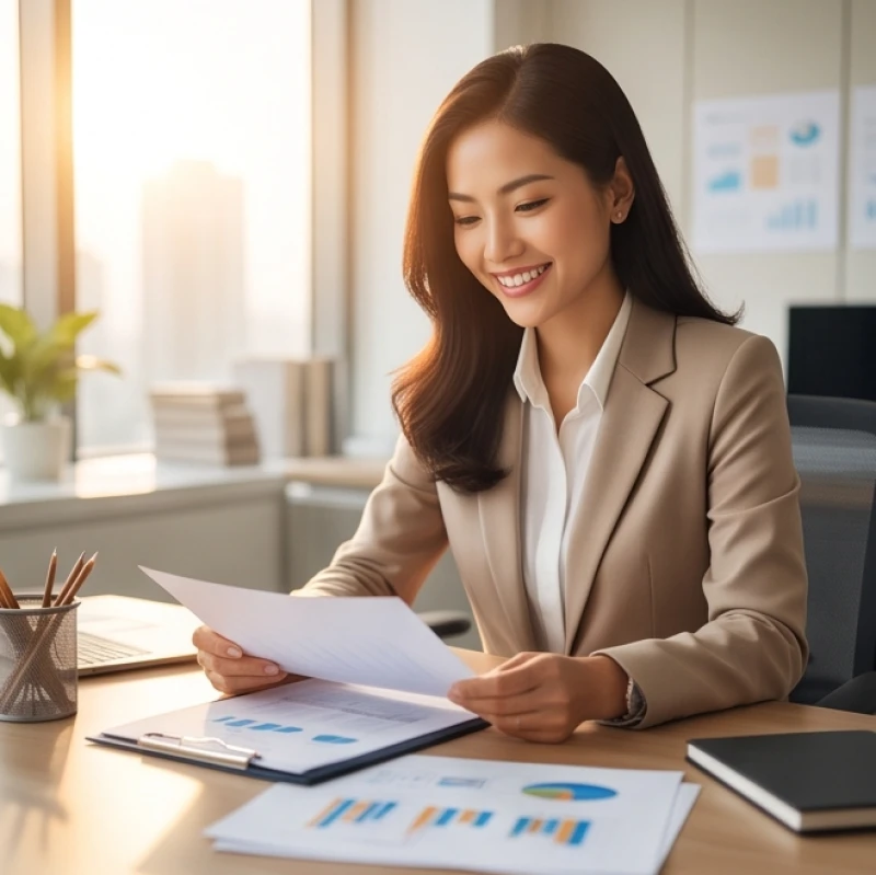 Nữ doanh nhân tươi cười hài lòng kiểm tra hợp đồng trên bàn làm việc, minh chứng cho điềm lành khi mơ thấy sinh đôi con gái