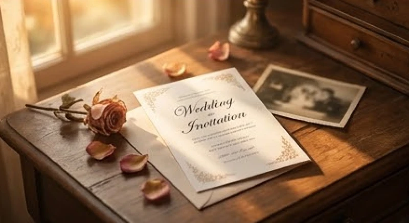 Tấm thiệp mời đám cưới đặt cạnh những kỷ vật cũ tượng trưng cho việc khép lại dứt điểm quá khứ tình cảm