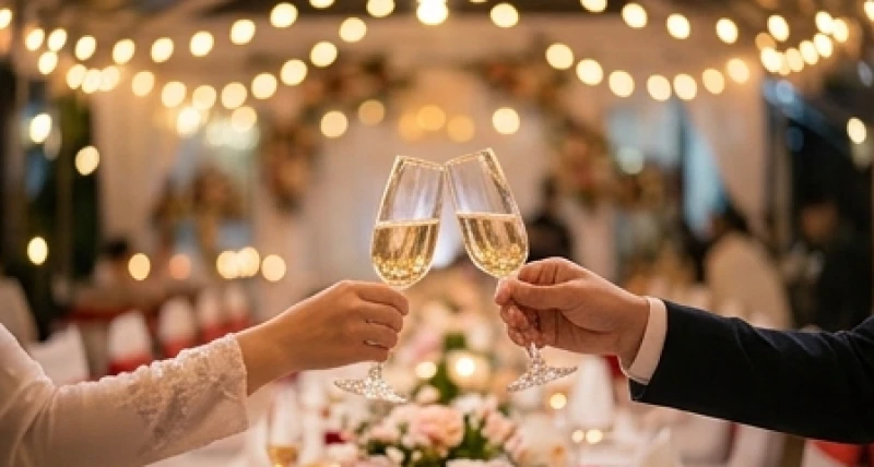 Khách mời nâng ly chúc mừng hạnh phúc trong một không gian tiệc cưới ấm cúng dưới ánh đèn vàng lung linh