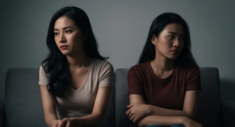Hai cô gái ngồi cạnh nhau nhưng ánh mắt lại bộc lộ sự ghen tị và khoảng cách ngầm
