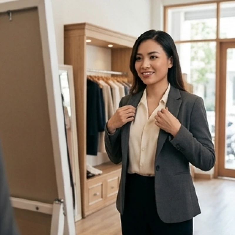 Mơ thấy mua quần áo: Giải mã chi tiết và bảng tra số tài lộc 1 Nữ nhân viên văn phòng tự tin thử một chiếc áo vest mới trước gương báo hiệu sự thăng tiến