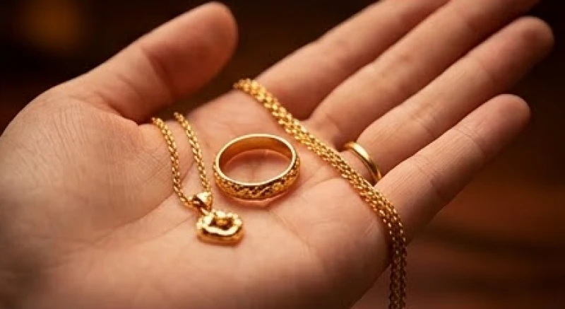 Mơ thấy được cho vàng: Giải mã theo người tặng & loại trang sức 5 Chiếc nhẫn vàng 24K tinh xảo và sợi dây chuyền sáng bóng được đặt nhẹ nhàng trên bàn tay