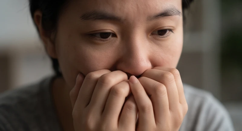 Mơ thấy gãy răng: Giải mã điềm báo, con số và góc nhìn tâm lý 3 Khuôn mặt người phụ nữ ngập ngừng dùng tay che miệng phản ánh sự tự ti về ngoại hình và giao tiếp