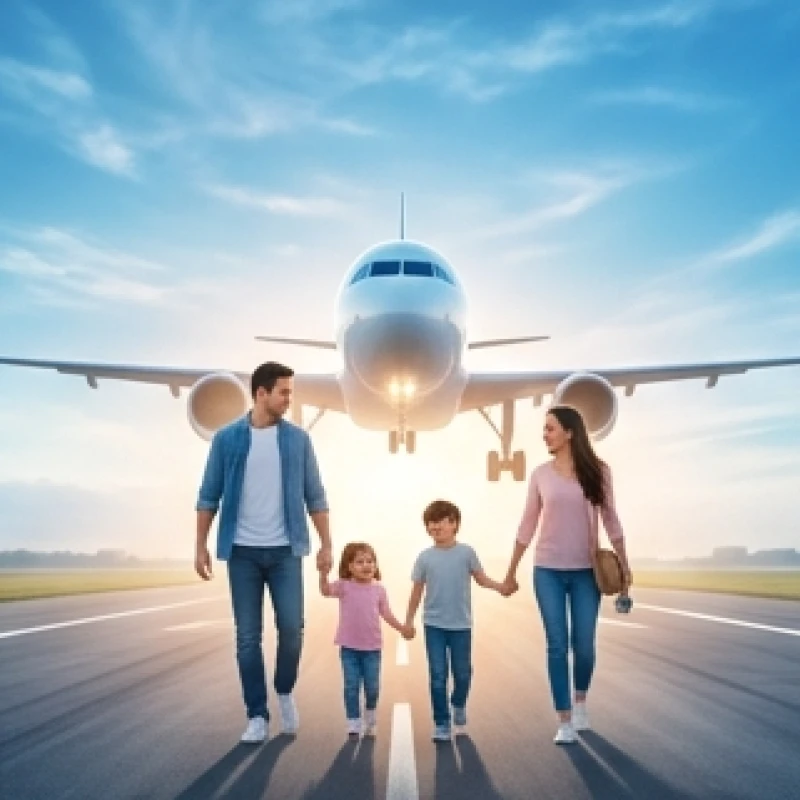 Cả gia đình nắm tay nhau vui vẻ bước về phía chiếc máy bay khổng lồ dưới bầu trời trong xanh