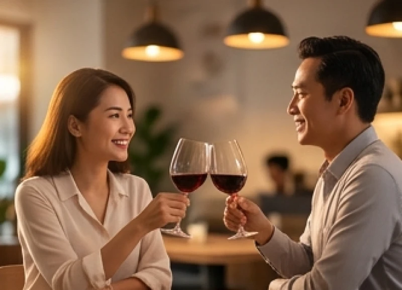 Khách hàng và đối tác đang nâng ly rượu vang đỏ chúc mừng thành công trong buổi chiều