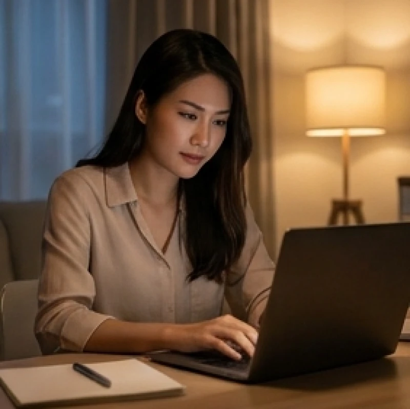 Người phụ nữ làm việc trên máy tính xách tay vào buổi tối để xây dựng dự án cá nhân