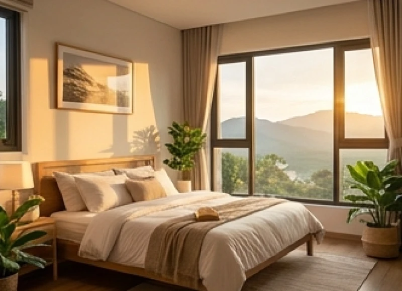 Phòng ngủ homestay hiện đại với cửa sổ lớn đón ánh sáng tự nhiên dành cho khách du lịch ngắn ngày