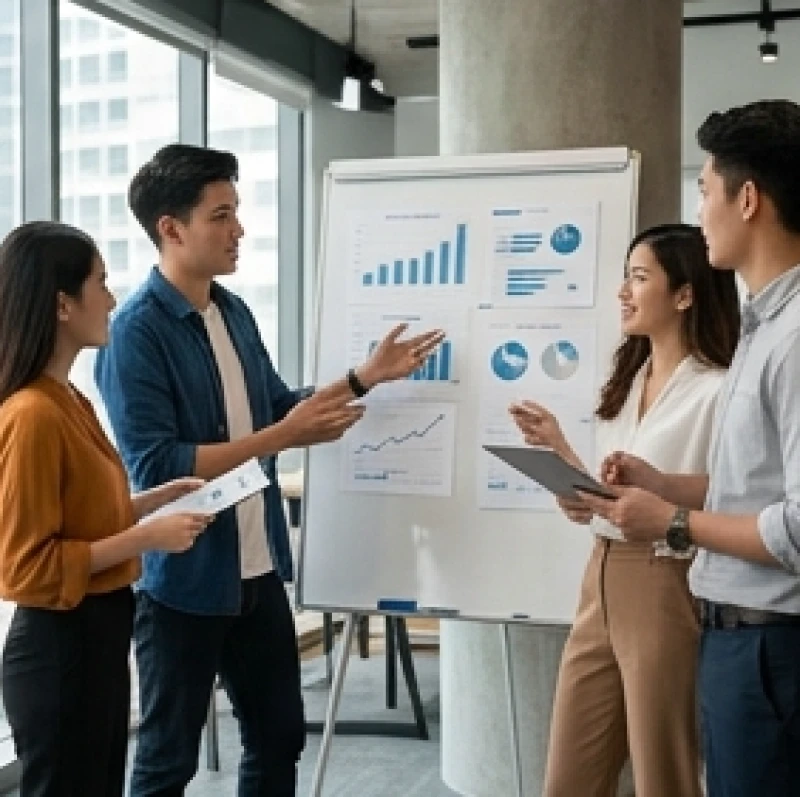 Nhóm startup đang thảo luận về dự án thương mại điện tử qua biểu đồ trên bảng trắng