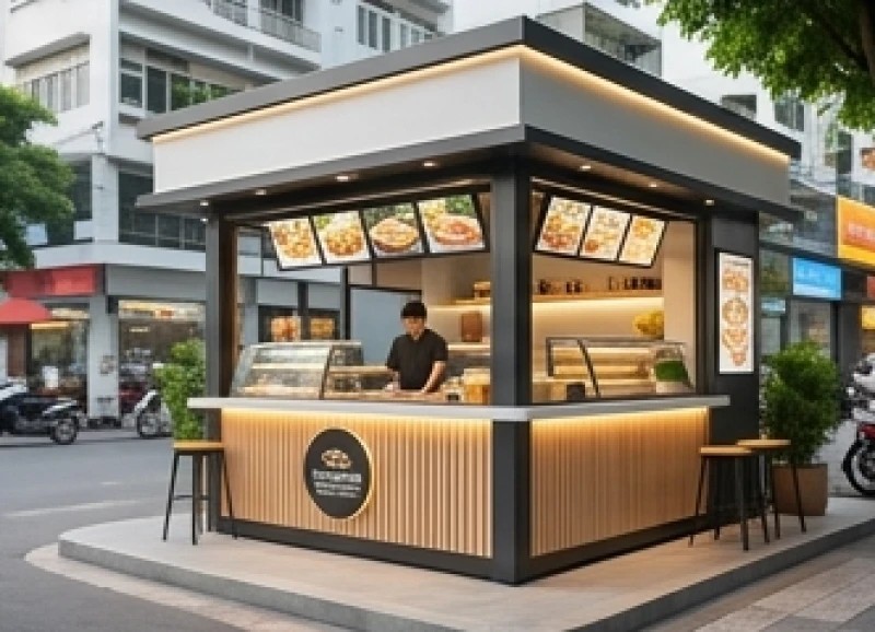Tuổi Dậu hợp kinh doanh gì: Mô hình và vốn theo ngũ hành 7 Một kiosk bán đồ ăn mang đi được thiết kế hiện đại trên góc phố nhộn nhịp