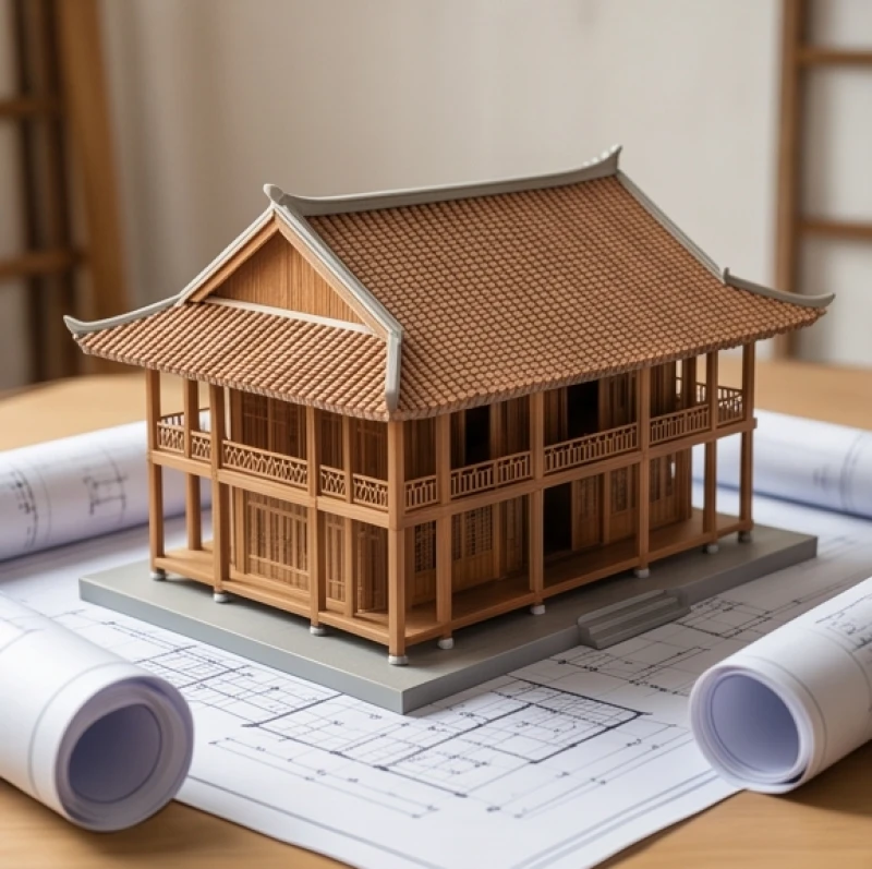 Tuổi Kỷ Hợi 1959: Tra cứu bản mệnh, hướng nhà và màu hợp 10 Bản vẽ thiết kế và mô hình ngôi nhà gỗ truyền thống được trải rộng trên mặt bàn làm việc