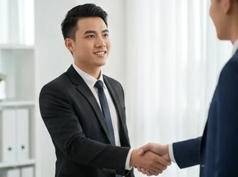 Chàng trai mặc vest mỉm cười bắt tay với một đối tác kinh doanh giấu mặt
