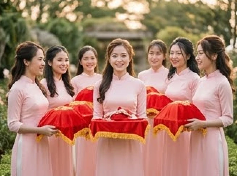 Dàn phù dâu mặc áo dài hồng đồng điệu mỉm cười tươi tắn bưng mâm quả ngày cưới
