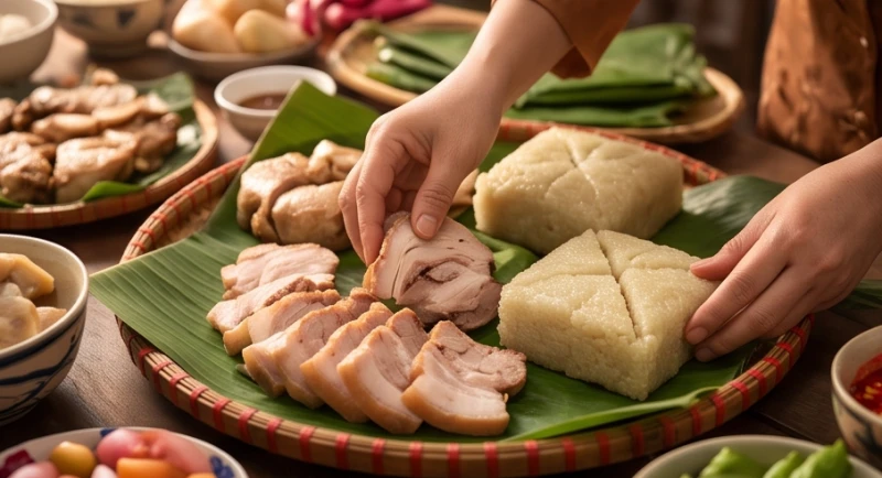 Không khí nhộn nhịp chuẩn bị mâm cỗ Tết với thịt lợn tươi ngon tượng trưng cho chu kỳ hỷ sự sắp gõ cửa