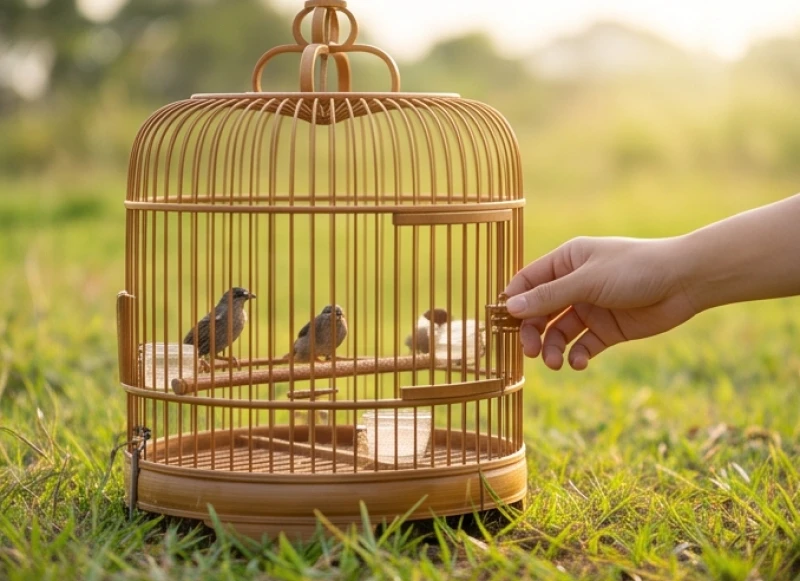 Bàn tay từ từ rút chốt cửa lồng tre để chim tự do bay ra ngoài ngay sau khi hoàn tất bài văn khấn