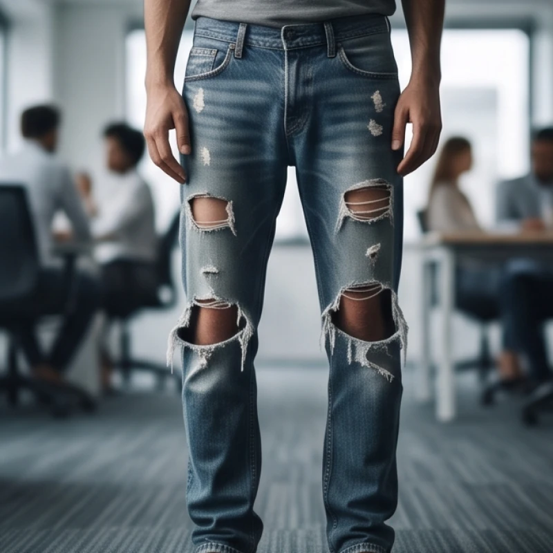Người mặc chiếc quần bò rách đứng giữa không gian văn phòng đông người với dáng vẻ ngập ngừng