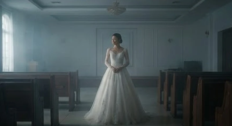 Cô gái bơ vơ mặc váy cưới đứng một mình giữa không gian lễ đường vắng lặng
