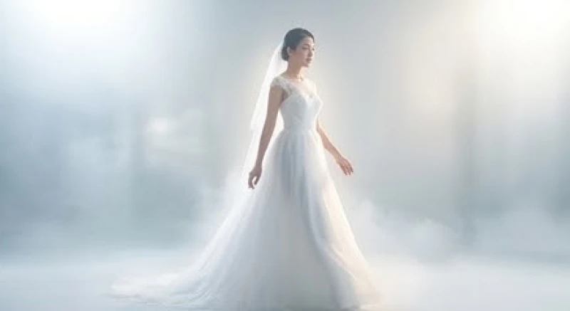 Cô gái thướt tha trong bộ váy cưới màu trắng muốt dưới ánh sáng mờ ảo