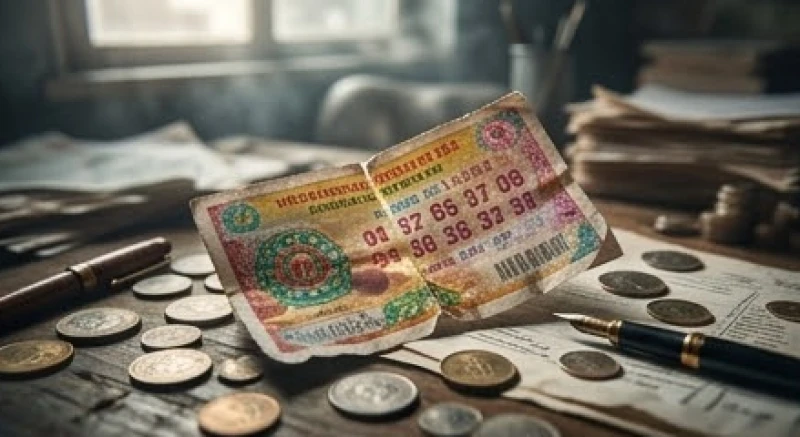 Một tờ vé số bị xé rách đôi nằm hờ hững trên mặt bàn làm việc bừa bộn