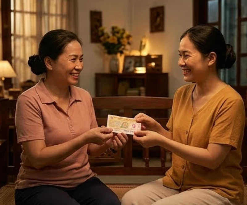 Hai người phụ nữ Việt Nam vui vẻ mỉm cười và trao cho nhau tờ vé số may mắn trong phòng khách