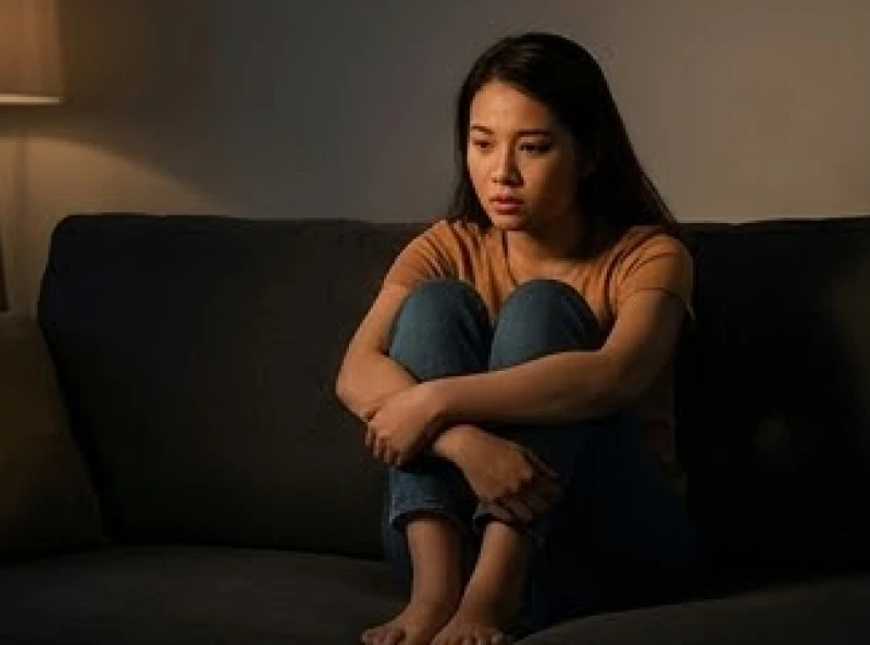 Cô gái trẻ ngồi thu mình ôm gối trên sô pha thể hiện sự tự ti và tổn thương sâu sắc