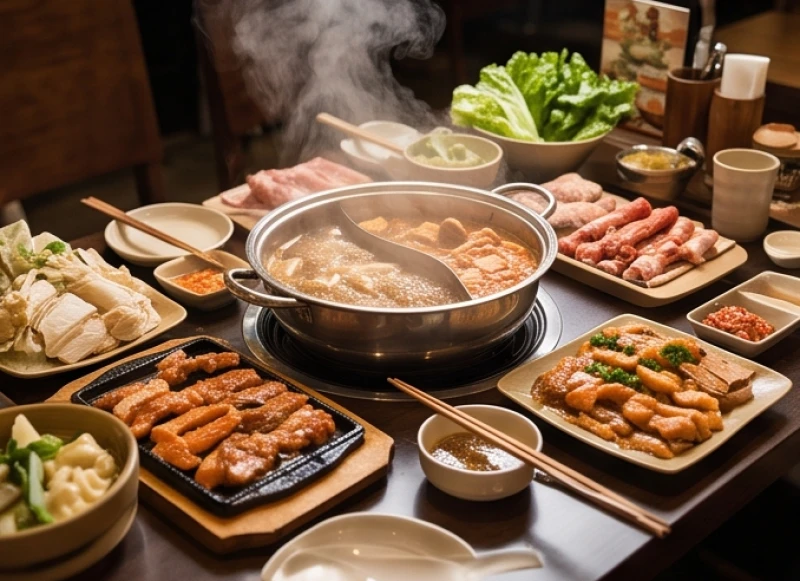 Tuổi Mùi hợp kinh doanh gì: Định hướng mặt hàng & bài trí cửa hàng 4 Bàn tiệc lẩu nướng nóng hổi đang bốc khói, đại diện cho mô hình kinh doanh phù hợp với người mệnh Hỏa
