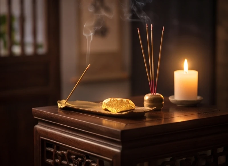 Mơ thấy nhặt được vàng: Điềm báo lành dữ & con số may mắn 7 Vàng đặt trang trọng bên cạnh ánh nến lung linh tượng trưng cho di sản hoặc lộc âm từ gia tiên để lại