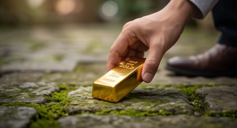 Mơ thấy vàng: Giải mã điềm báo, góc nhìn tâm lý & con số may mắn 2 Một bàn tay nâng niu thỏi vàng sáng bóng vừa nhặt được trên mặt đất rêu phong trong bối cảnh thanh bình