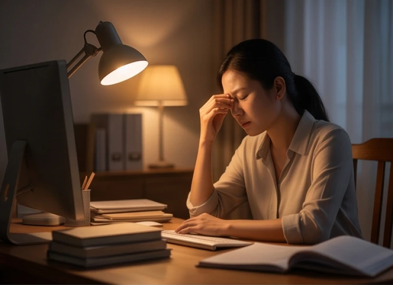 Mơ thấy người bạn đã mất: Giải mã điềm báo & việc cần làm 3 Người phụ nữ xoa trán tỏ vẻ mệt mỏi trong không gian làm việc tĩnh lặng