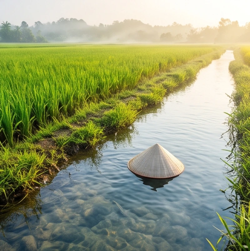 Nước trong vắt tại một con mương nhỏ bên cạnh ruộng lúa mênh mông ngập tràn ánh nắng sáng sớm rực rỡ