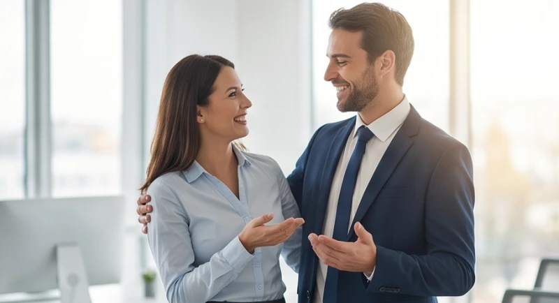 Mơ thấy ôm phụ nữ: Điềm báo tâm lý và con số theo bối cảnh 4 Hai người đồng nghiệp thân thiện mỉm cười và khoác vai nhau tại văn phòng làm việc