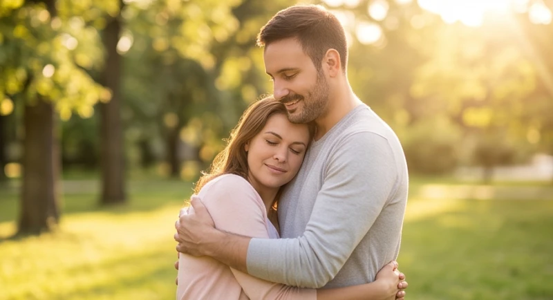 Mơ thấy ôm phụ nữ: Điềm báo tâm lý và con số theo bối cảnh 3 Hai người mỉm cười thanh thản và trao nhau cái ôm nhẹ nhàng dưới ánh hoàng hôn