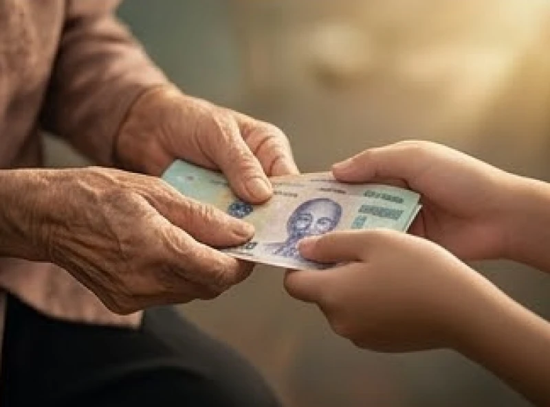 Đôi bàn tay nhăn nheo của ông bà trao tặng tờ tiền mới tinh tượng trưng cho sự dồi dào về mặt cảm xúc