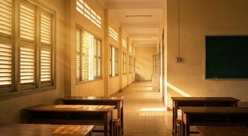 Hành lang trường cấp ba vắng lặng với những vệt nắng chiếu qua cửa sổ vào các dãy bàn ghế học sinh