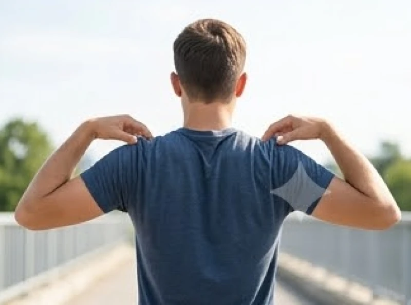 Nam thanh niên cuộn hai bả vai ra phía sau và hạ thấp xuống để mở rộng lồng ngực tự nhiên