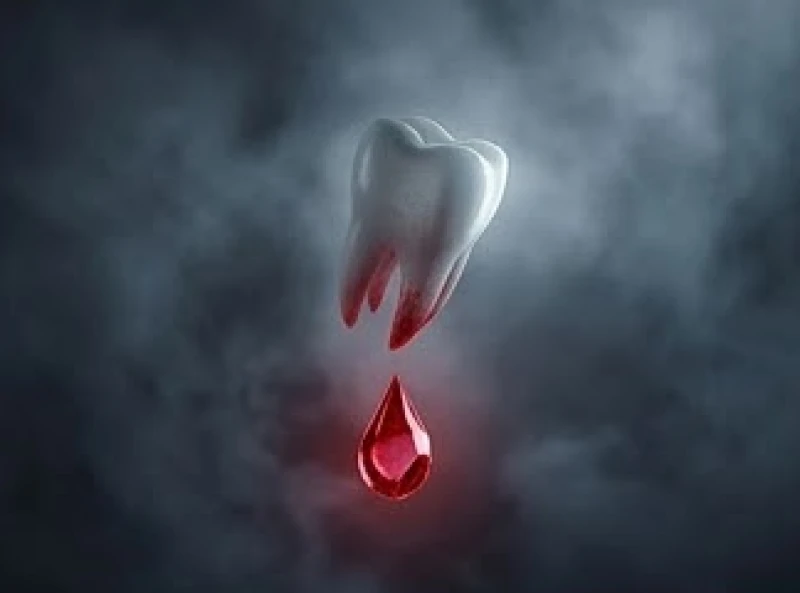 Chiếc răng gãy kèm theo giọt sương đỏ lấp lánh mang biểu tượng của giấc mơ rụng răng chảy máu