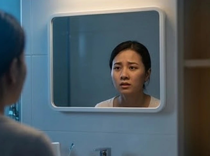 Gương mặt lo âu phản chiếu trong gương minh họa cho cảm giác hoang mang khi mơ thấy rụng răng