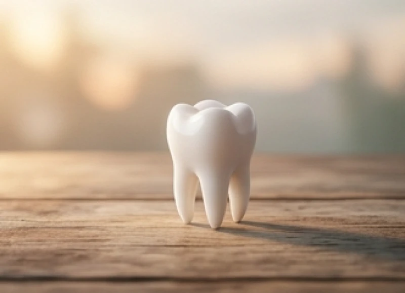 Một chiếc răng trắng rụng xuống nhẹ nhàng nằm trên mặt bàn gỗ mộc mạc không tì vết