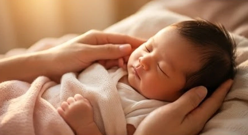 Người mẹ trẻ đang bồng bế dịu dàng một em bé sơ sinh đáng yêu trong vòng tay êm ái