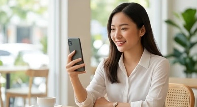 Nữ nhân viên văn phòng đang quét khuôn mặt để mở tài khoản ngân hàng online qua ứng dụng di động an toàn